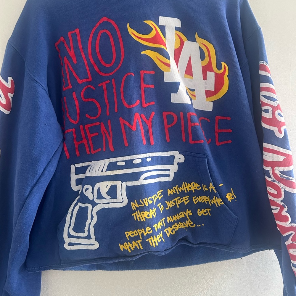 Blue Graphic Hoodie with Red and White Accents